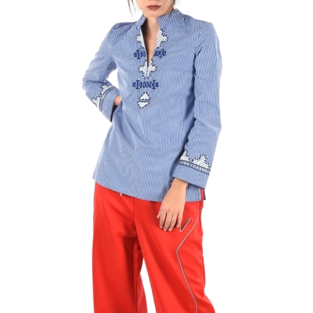 Tory Burch blue and white striped blouse embroidered detail women's size 2 Small